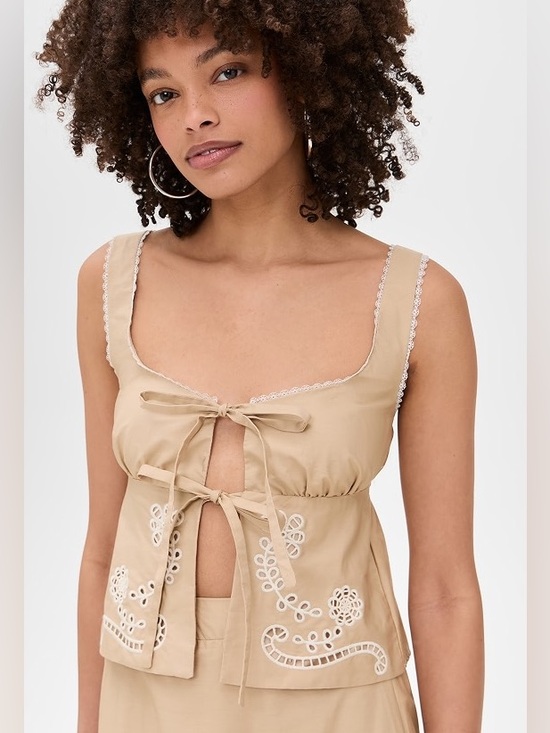 Moon River Tops - Moon River Taupe Embroidered Tie-Front Camisole Medium